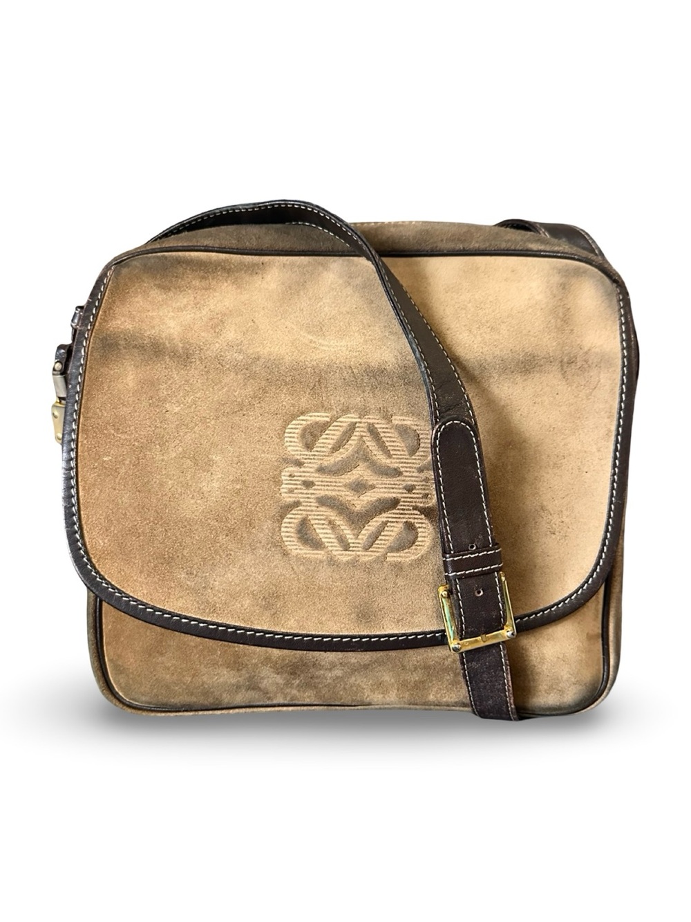 Vintage LOEWE Suede Anagram Crossbody Bag - Brown/Tan
